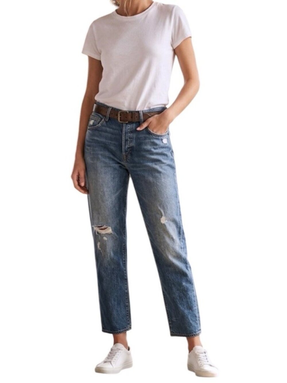 MOTHER The Dropout Fray Blue Distressed Casual Mom Jeans Size 27